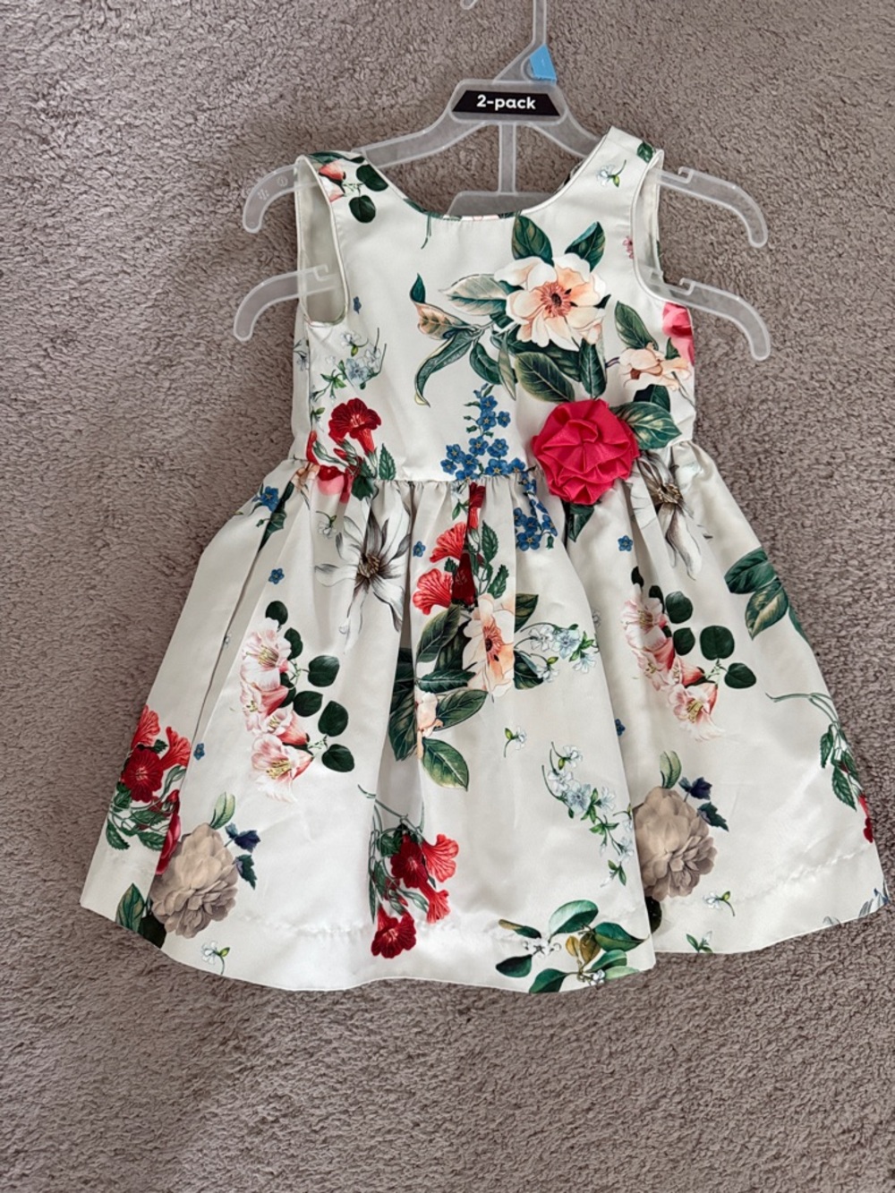 Girls Floral Satin Party Dress with Pink Rosette